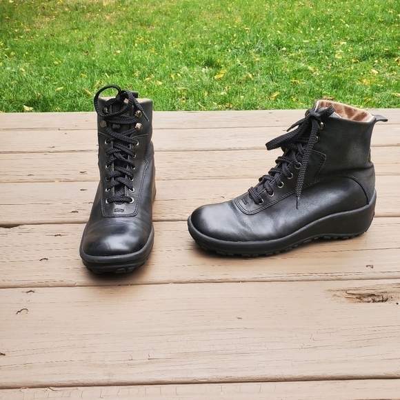 Vintage 90s y2k Bratz Black Leather Chunky Lace-up Lolita Granny Boots Booties - Picture 1 of 8